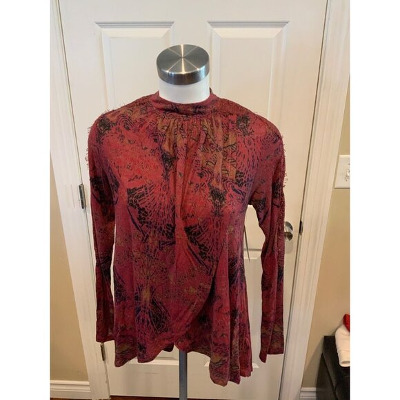 Free People Burgundy Mock Neck Shirt W/ Draped Front & V-Neck Back, Size XS - Picture 1 of 7